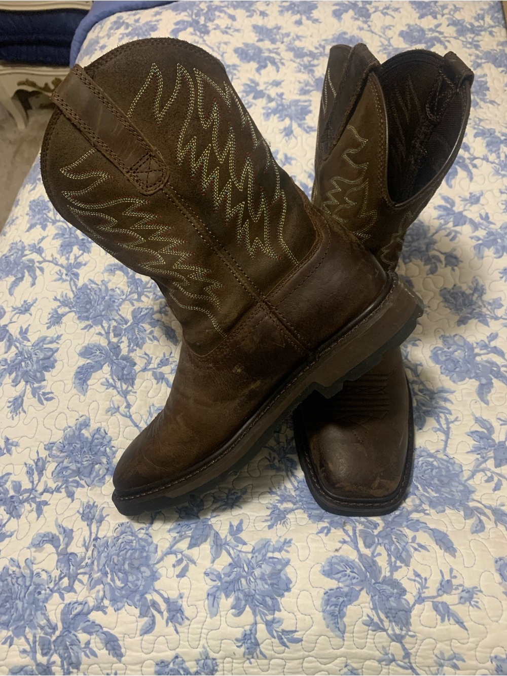 Ariat Brown Leather Cowboy Work Boots with Stitch Detail